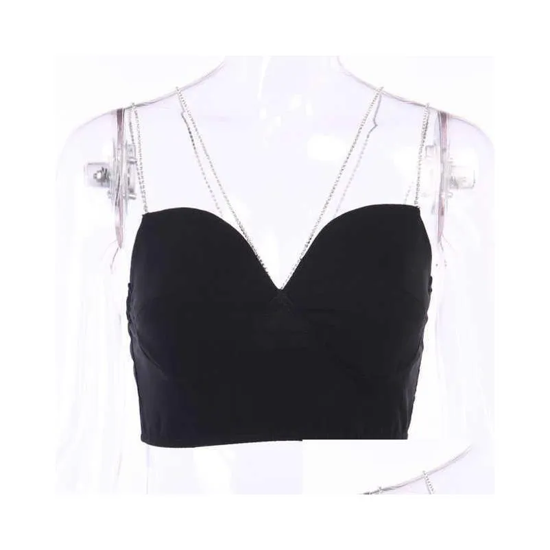 women solid color vest ladies fashion diamond decor chain camisole sexy deep v-neck backless tank tops for female