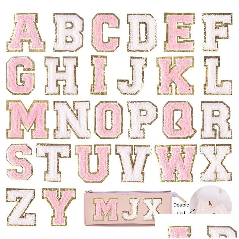 notions 5.5cm white pink chenille letter iron on towel embroidered alphabet glitter sequins self adhesivees appliques diy name