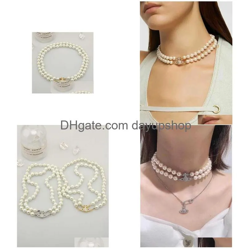 western empress dowager vivian vivienne double layer pearl saturn magnetic clasp light luxury small crowd choker necklace