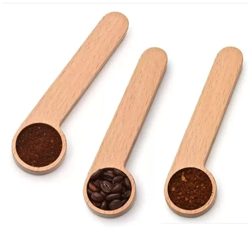 wholesale wooden coffee scoop with clip tablespoon solid beech wood measuring tea bean measuring spoons clips gift