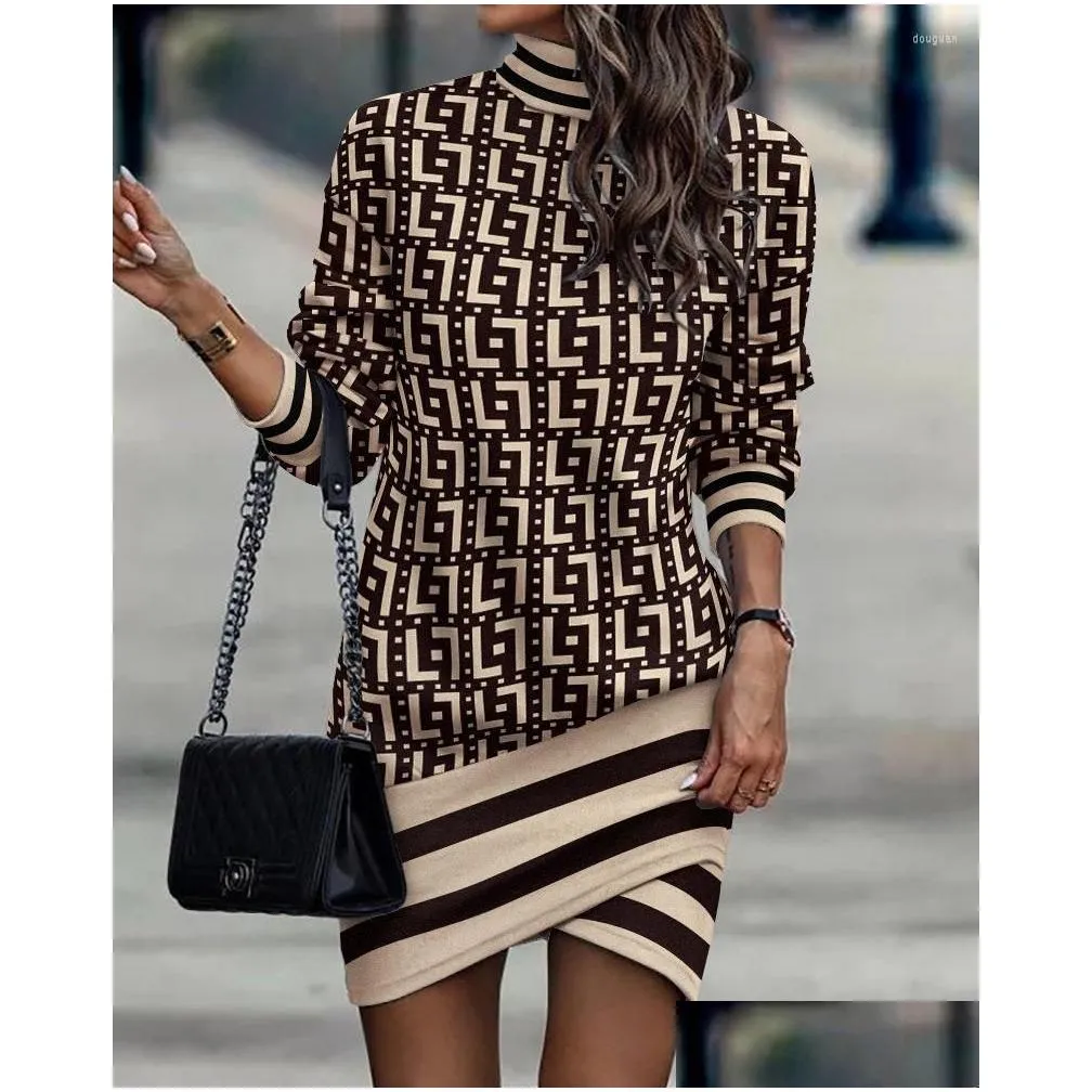 casual dresses women autumn winter fashion leopard print high neck long sleeve dress waist mini