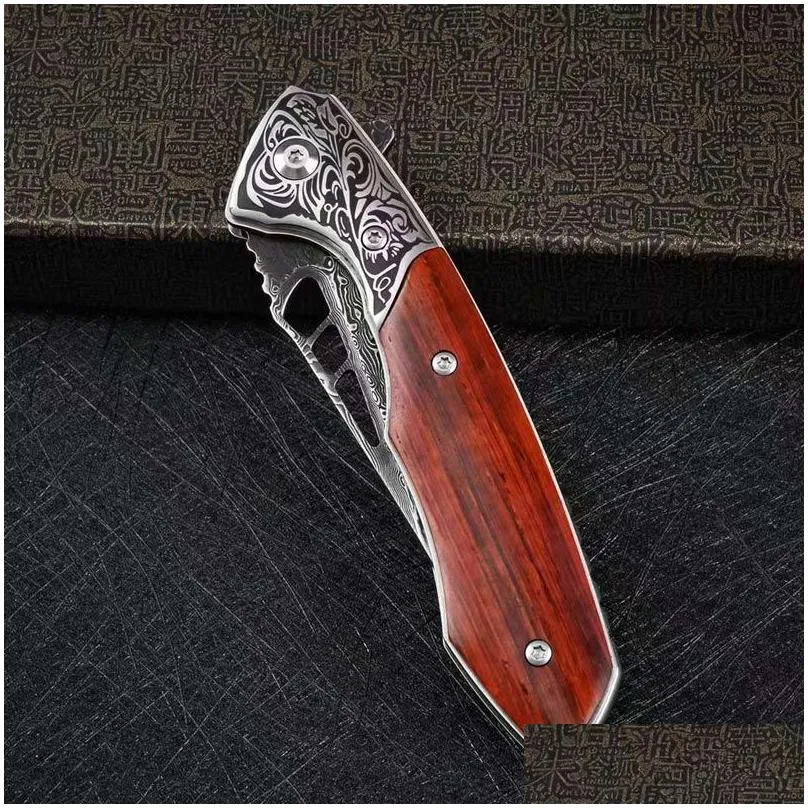 forged damascus folding knife particulate rosewood handle high hardness sharp outdoor hunting self defense camping edc portable pocket