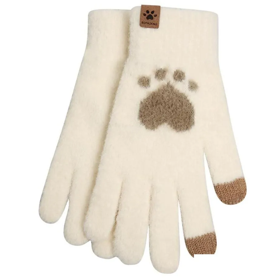 fashion cat paw printing gloves mobile phone touchscreen knitted mittens glove winter thick warm adult soft fluffy gloves mens