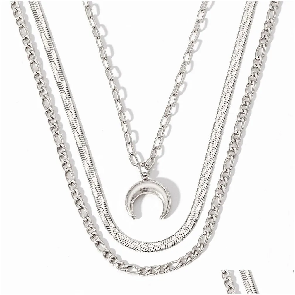 moon pendant three layers snake chain necklace stainless steel sweater chain