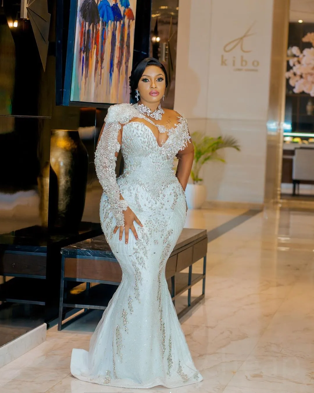 Arabic White Mermaid Wedding Dress Beaded Crystals Lace Long Sleeve Bridal Gowns With Detachable Train Dresses