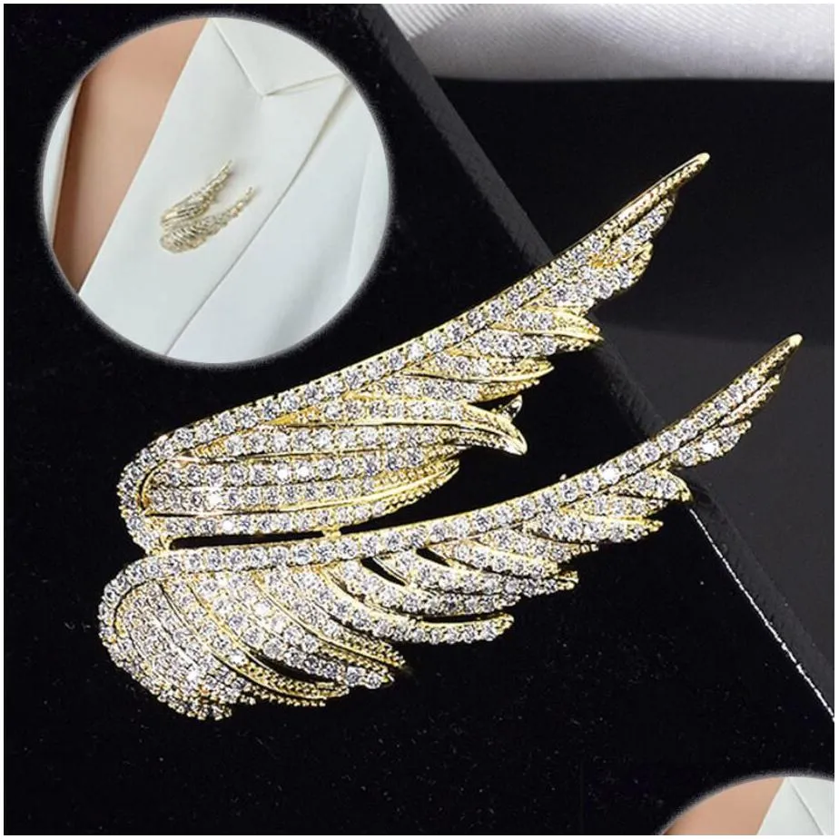 elegant angel wings rhinestone brooches pin for women glitter collar pin clothes decor feather brooch corsage enamel pins