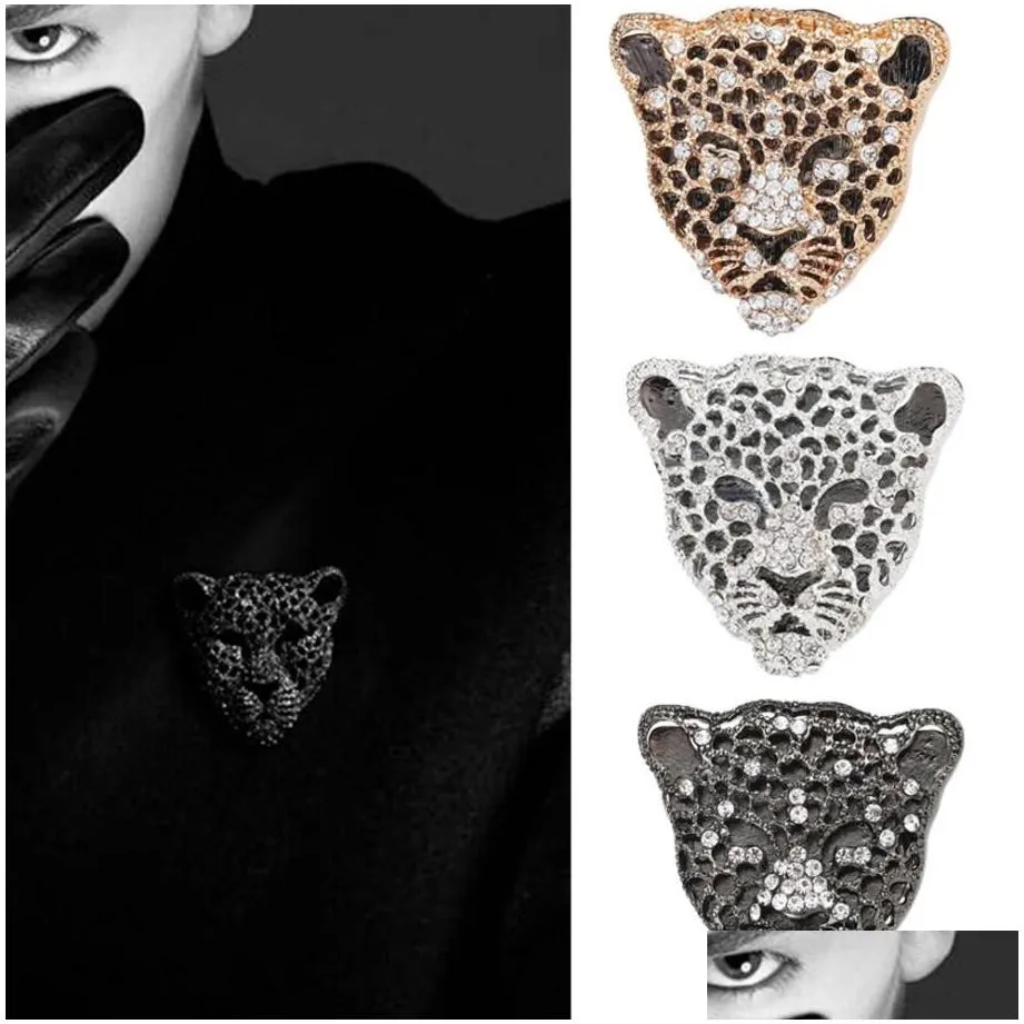 rhinestone leopard head tiger brooch badge mens suit sweater pins fathers day gifts metal coat lapel pin for men accessories