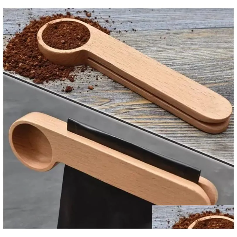 wholesale wooden coffee scoop with clip tablespoon solid beech wood measuring tea bean measuring spoons clips gift