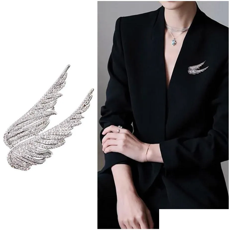 elegant angel wings rhinestone brooches pin for women glitter collar pin clothes decor feather brooch corsage enamel pins