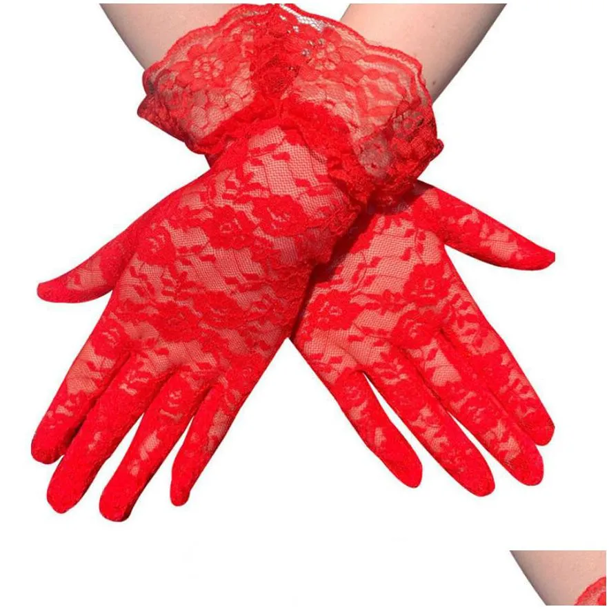 women black white summer uv-proof driving gloves mesh fishnet gloves lace mittens full finger girls lace fashion gloves