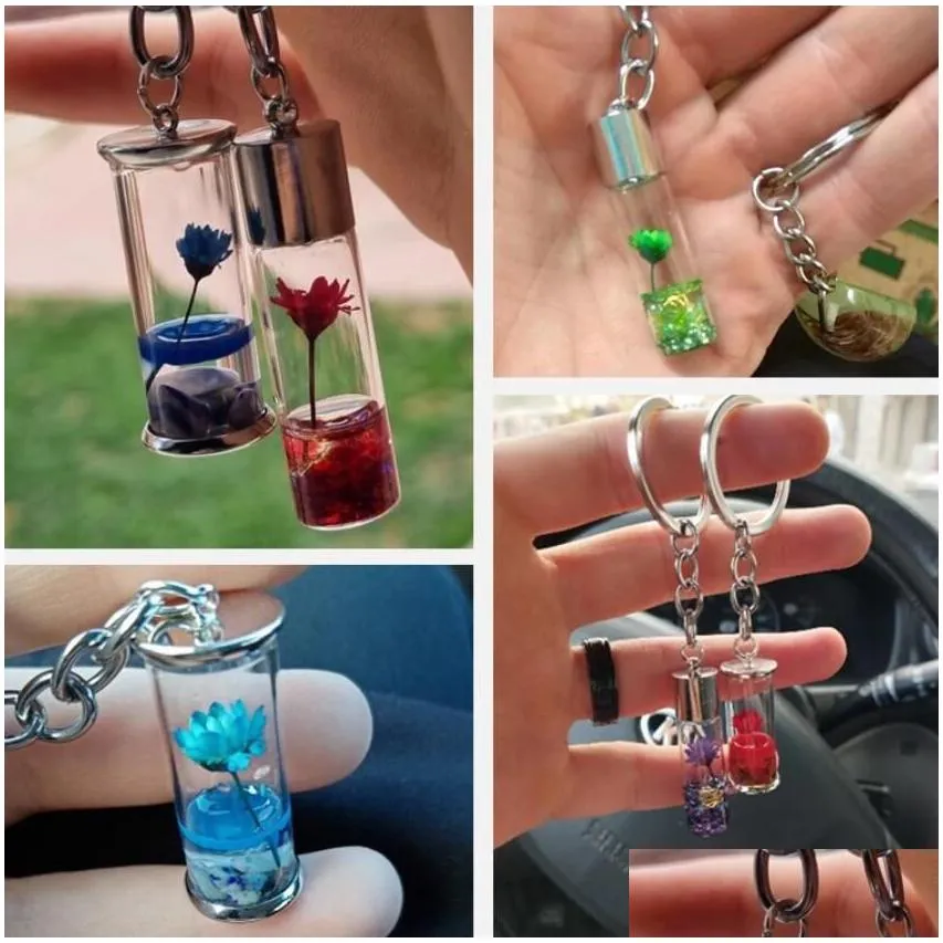 fashion natural eternal flower keychain key rings dried flowers plants key chains wishing bottle keyrings holder women bags