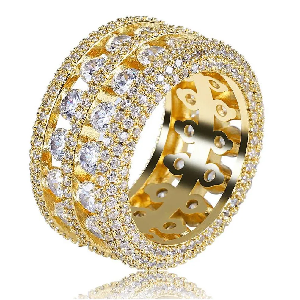 double rows rings hip hop shining 18k real gold plated cubic zircon diamond finger ring jewelry