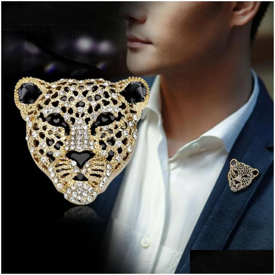 rhinestone leopard head tiger brooch badge mens suit sweater pins fathers day gifts metal coat lapel pin for men accessories