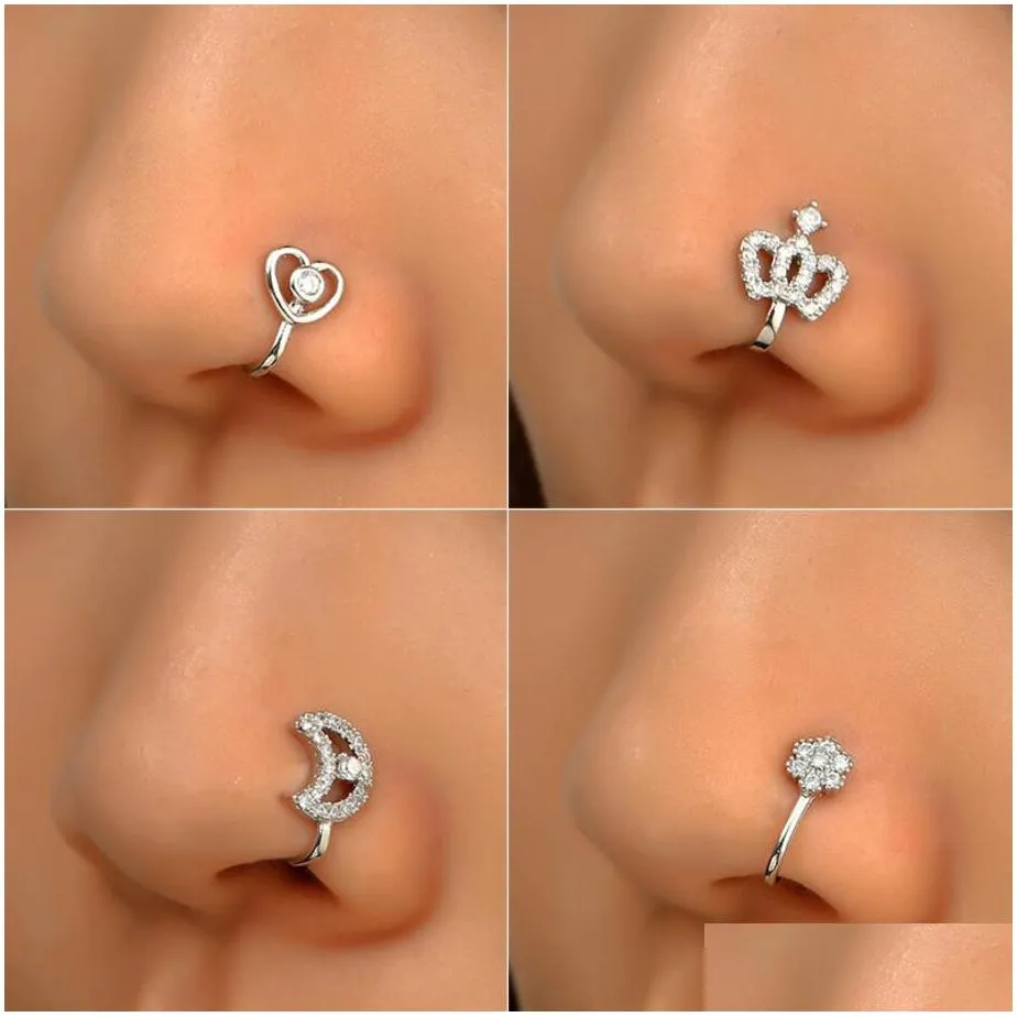 y copper fake piercing nose ring heart star crown clip on nose ear clip cuff earring for women girl gift body jewelry