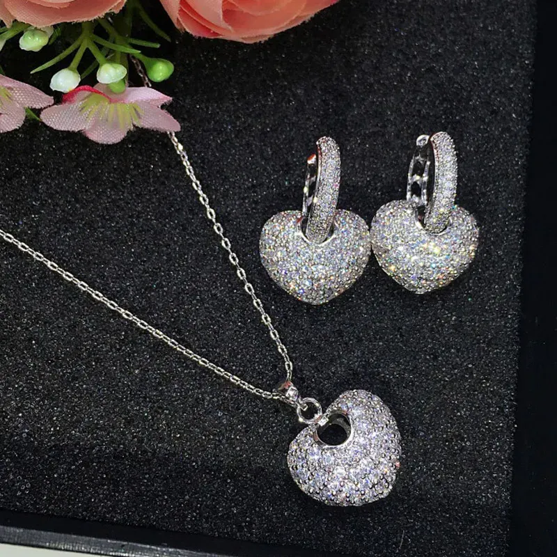 Bride Wedding Jewelry Set Top Quality Rose White Gold Plated Sparky CZ Heart Earrings Necklace for Girls Women for Party Wedding