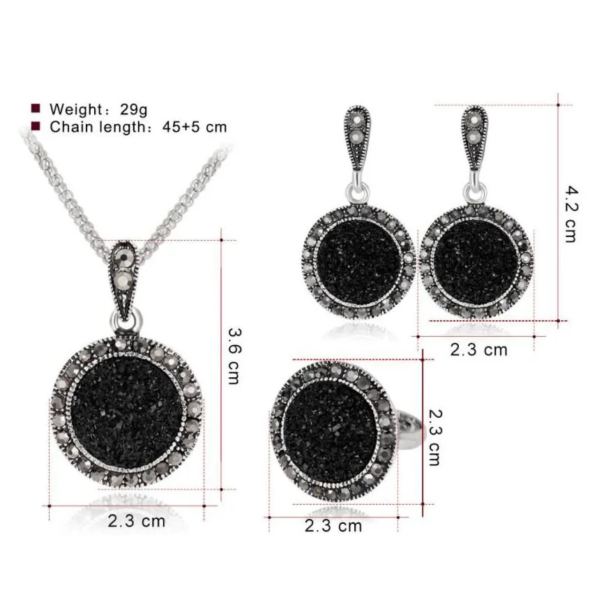 vintage black gem necklace earring ring jewelry set fashion women antique silver crystal round stone pendant necklace gifts 1setis4pcs