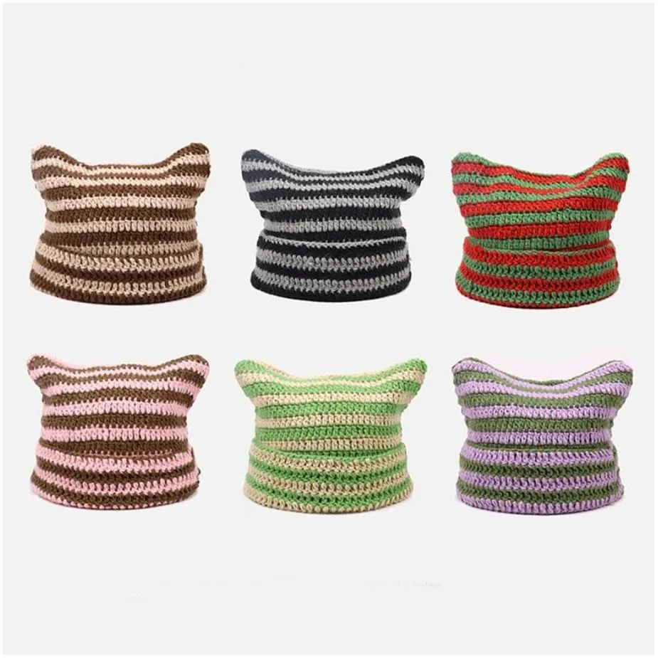 warm japanese beanie hat ins little devil striped knitted wool cap autumn and winter cute cat ears pointed pullover womens hats 6
