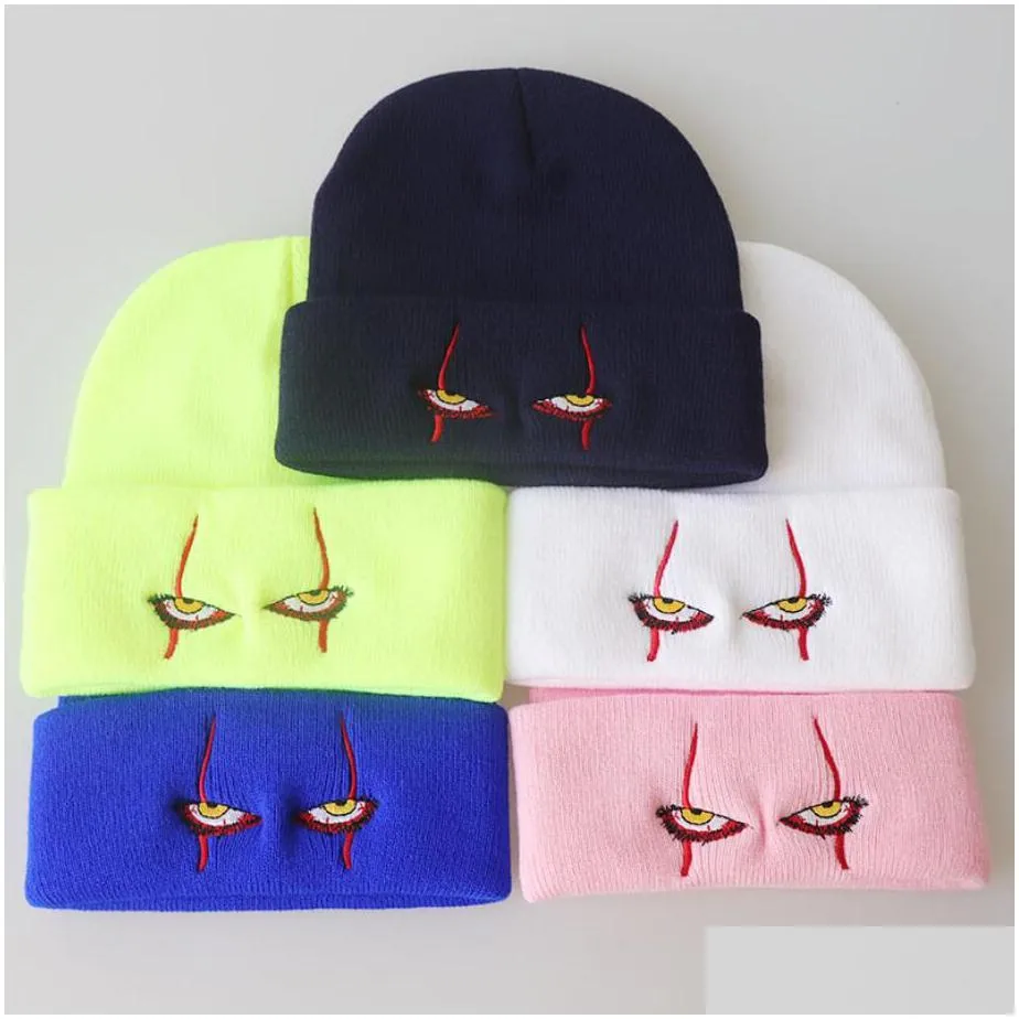 scary clown eyes beanies winter hats for women men teens hip hop horror fashion knitted solid color bonnets beanie hat