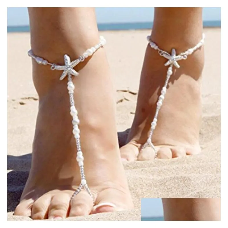 y starfish anklets beach fashion jewelry white sea star barefoot sandals beaded chain ankle bridal foot jewelry shipping