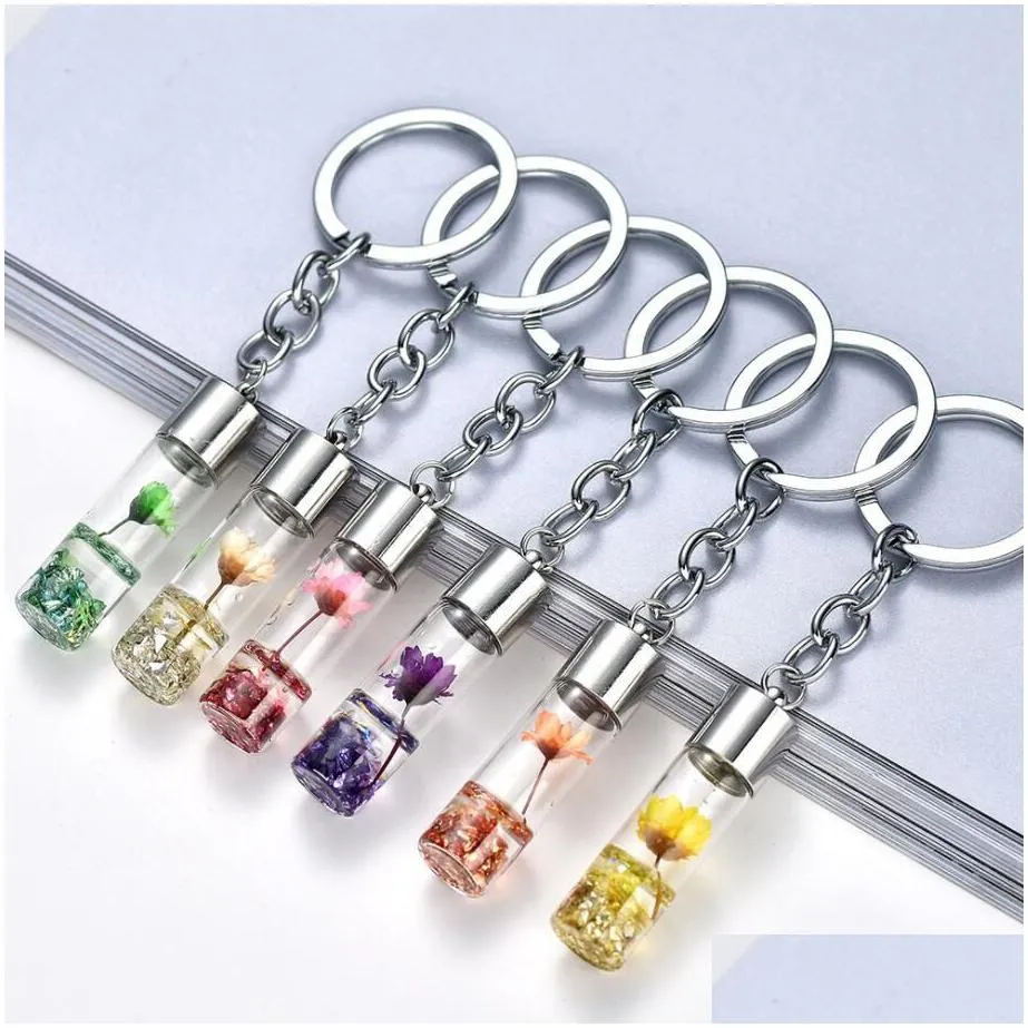 fashion natural eternal flower keychain key rings dried flowers plants key chains wishing bottle keyrings holder women bags