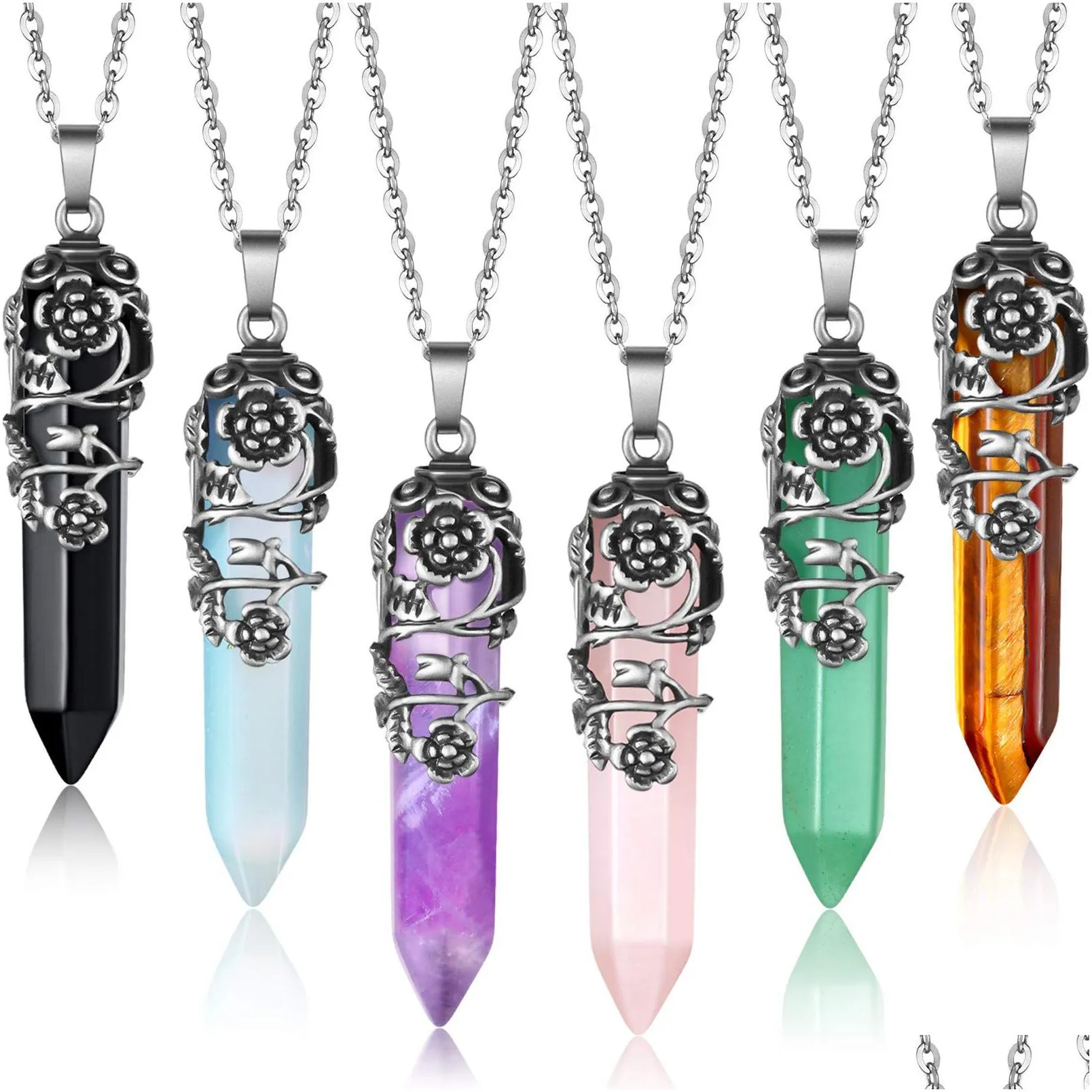 pendant necklaces crystal for women girls healing stone quartz necklace wire wrapped hexagonal amzmm