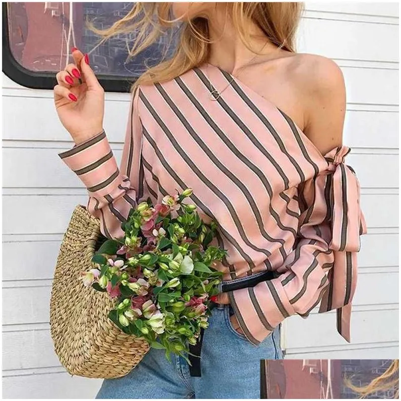 summer women new striped loose blouse fashion lady off shoulder lace up shirts female elegant tops blouses long sleeve chic