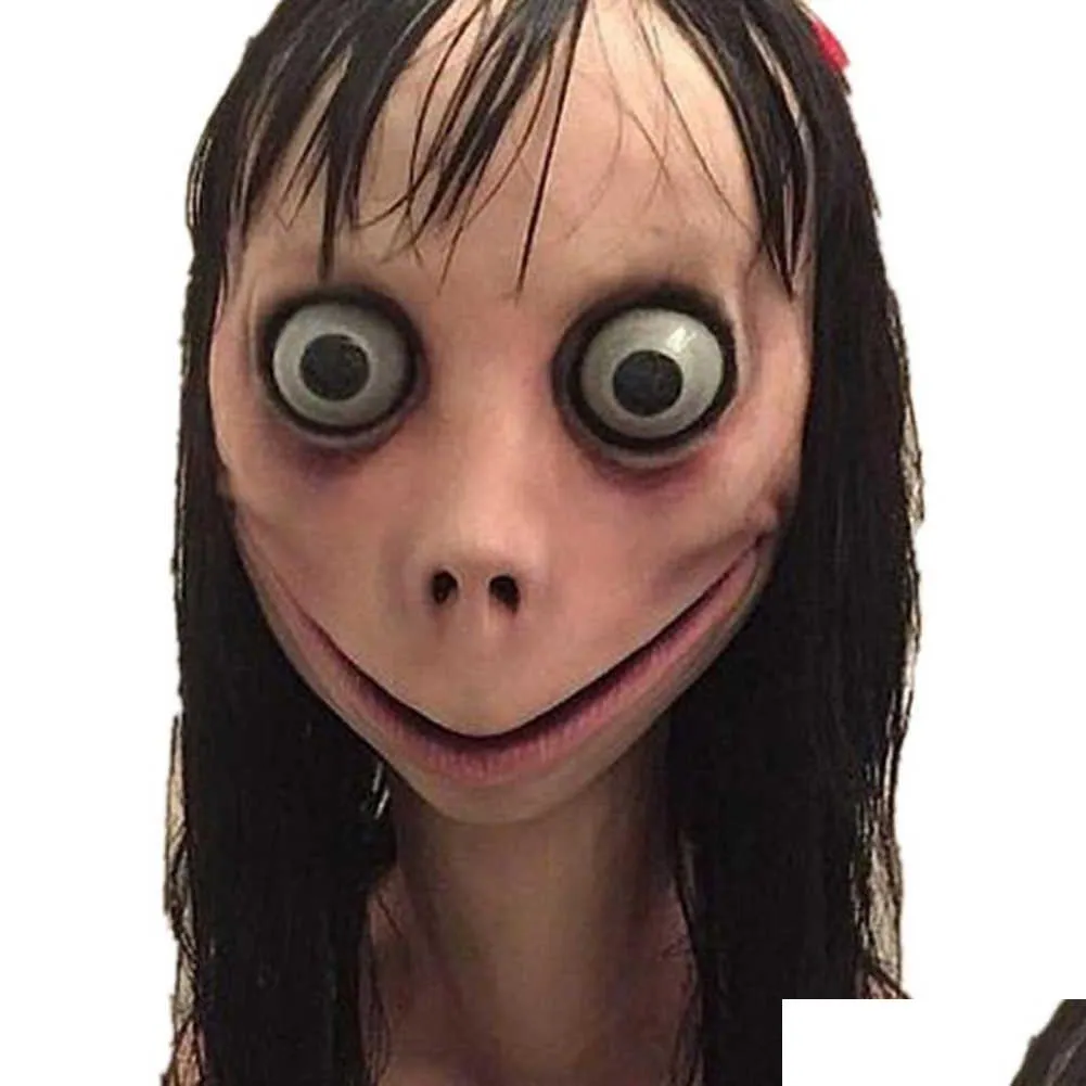 scary momo mask hacking game horror latex mask full head momo mask big eye with long wigs t200116