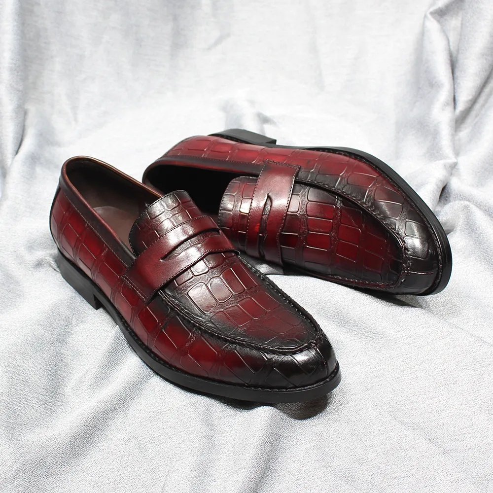 Men's Penny Loafers Genuine Leather Handmade Alligator Pattern Slip on Wedding Party Dress Shoes Male Office Flat Casual Loafer
