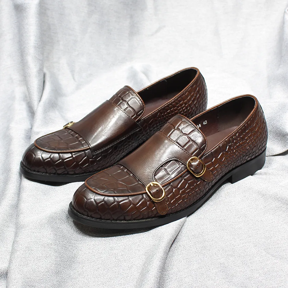 Men's Loafers Cow Leather Handmade Alligator Print Slip on Wedding Office Dress Shoes Male Double Buckle Monk Strap Casual Shoes