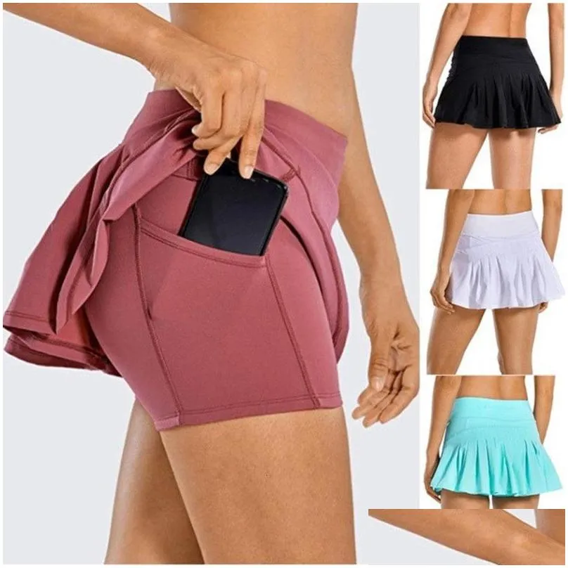 lu-07 tennis skirts pleated yoga skirt gym clothes women running fitness golf pants shorts sports back waist pocket zipper hot  sunscreen design