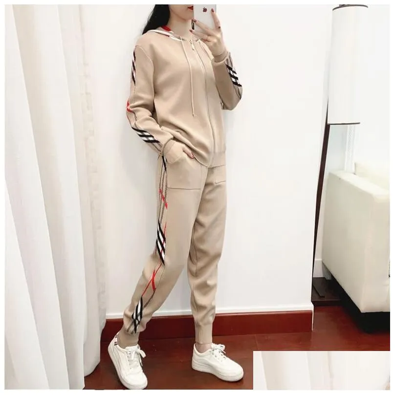 2022 womens sweaters autumn winter two piece sets slim fit knitwear designer cardigan sweater knitted pants womens clothing