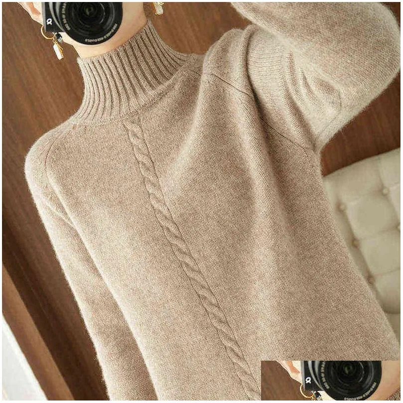 thick dress warm 100%wool long sweater women autumn winter high-neck over-the-knee cashmere knit large size base shirt 211220