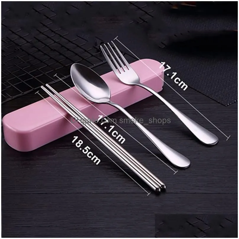 outdoor picnic portable stainless steel tableware set outdoor activity travel three-piece fork spoon chopsticks set with pp box dh0409