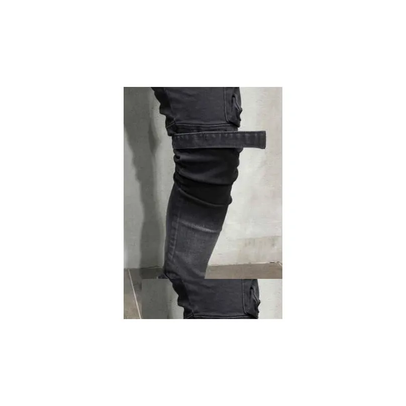 mens black denim slim fit jeans male skinny pencil pants casual cargo pants trousers with pockets straps shipping