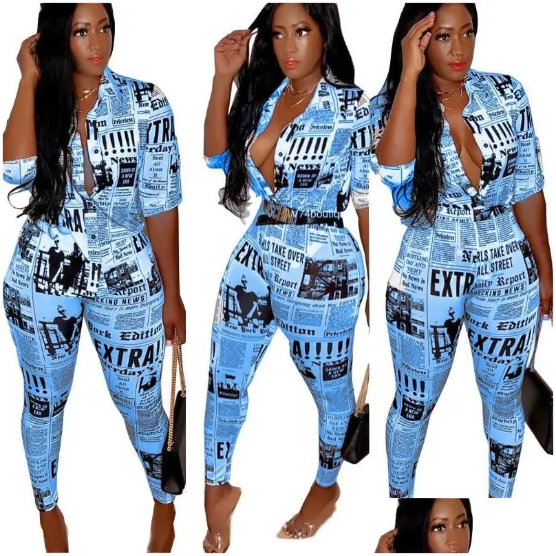 womens two piece pants sale spapers printing outfits ins fashion 3/4 sleeves shirt nightclub party sets