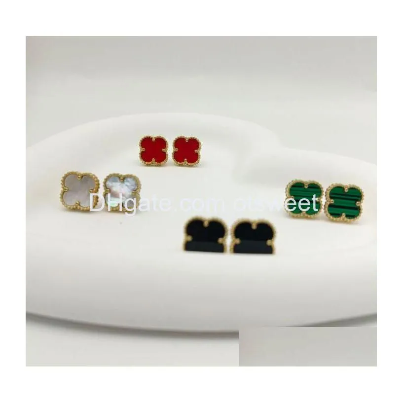 designer earings studs for women girl fashion luxury diamond clover flower gold jewelry black green white red four leaves charm earrings