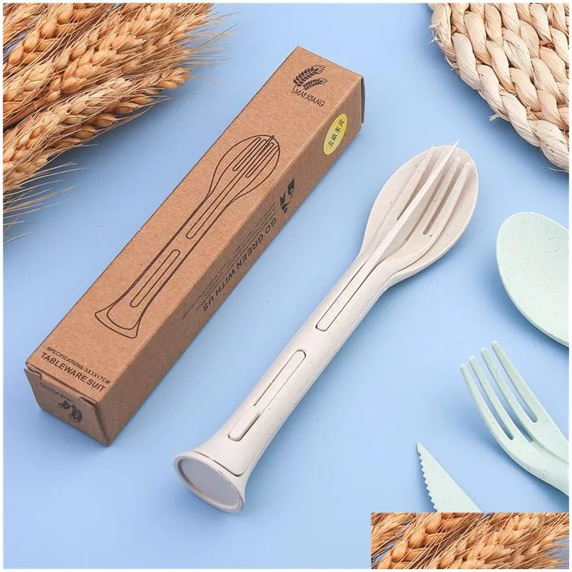 portable wheat straw cutlery flatware reusable spoon knife forks tableware set for picnics travel and daily use