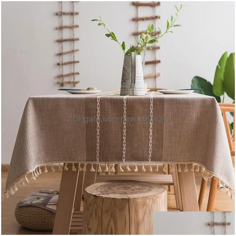 home decoration table cloth cotton linen tassel tablecloth stripe print rectangular tablecloth modern dining table cover for party