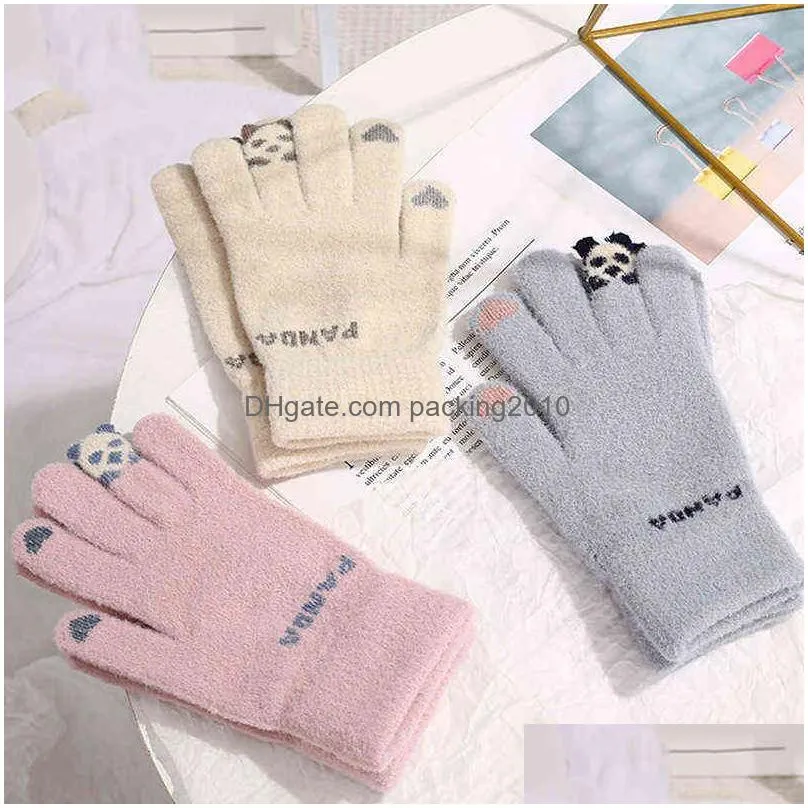 textile women winter touch screen thicken warm knitted gloves panda stretch glove imitation wool full finger outdoor skiing cycling