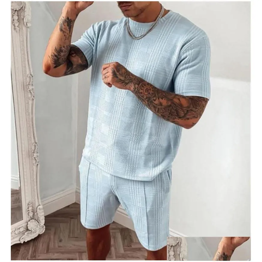 mens tracksuits 2022 summer tracksuit men casual sports set solid color plaid short sleeved shorts sets mens fashion 2 piece