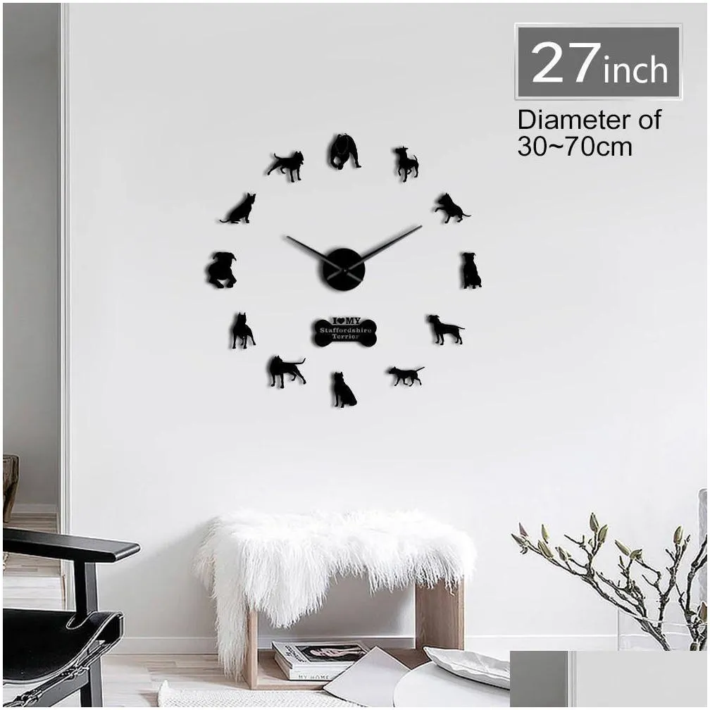 pit bull decorative 3d diy wall american staffordshire terrier fashion home clock with mirror numbers stickers 201212