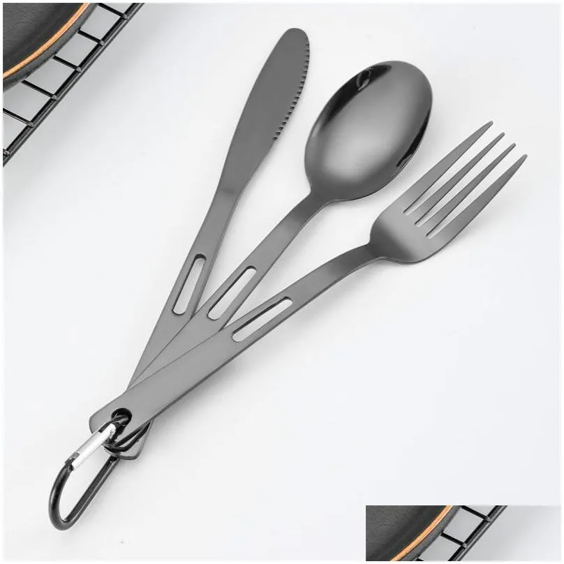 black portable flatware knife fork spoon set 3pcs home use travel camping cutlery set