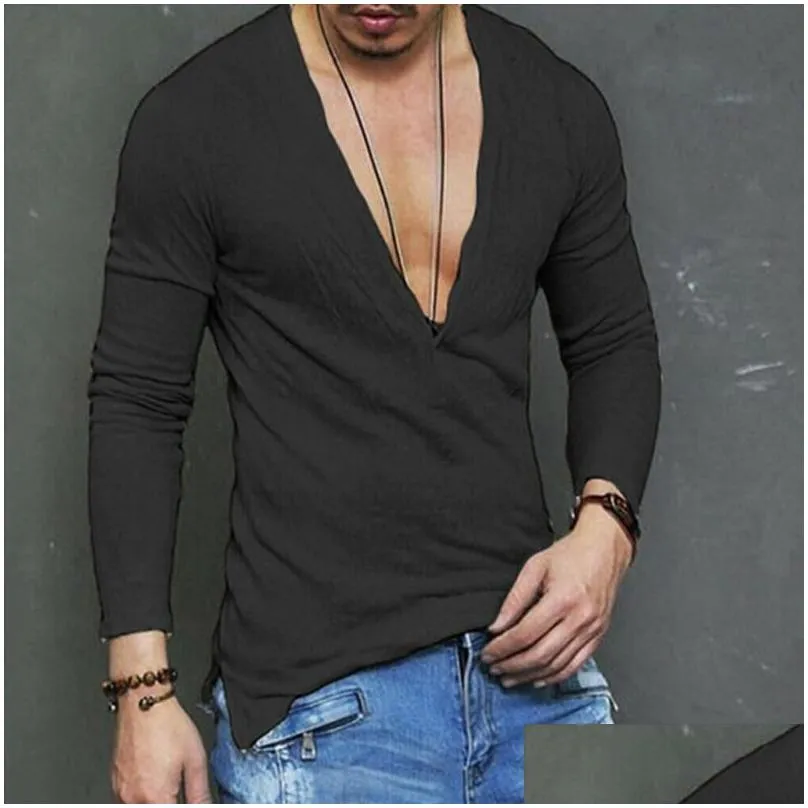 2019 new style hot fashion men casual long sleeve slim fit shirts deep v neck long line shirt top t-shirt