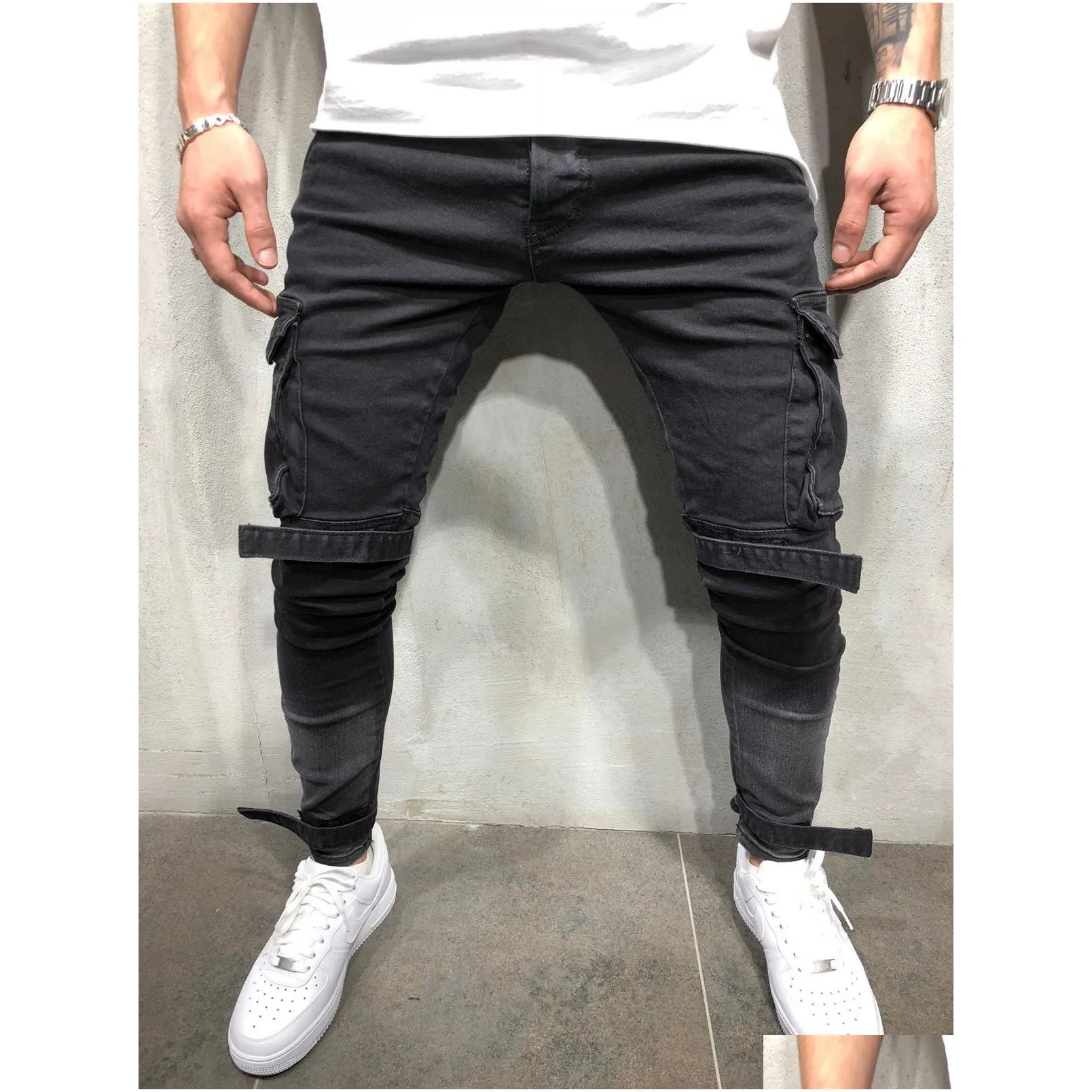 mens black denim slim fit jeans male skinny pencil pants casual cargo pants trousers with pockets straps shipping