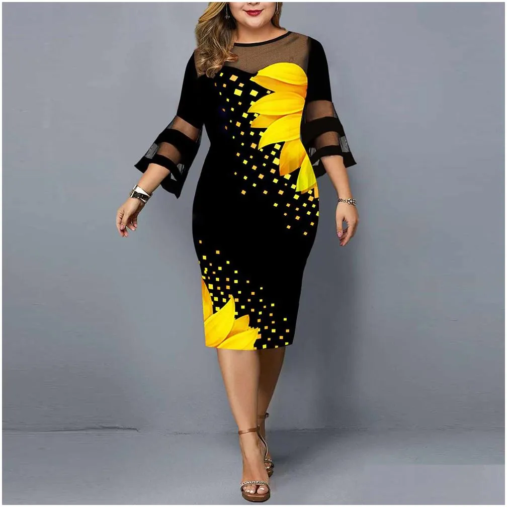 womens plus size dresses casual flower print meshwork midi lace 3/4 sleeve party summer dress for wedding clothing