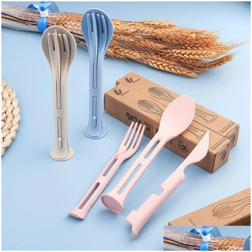 portable wheat straw cutlery flatware reusable spoon knife forks tableware set for picnics travel and daily use