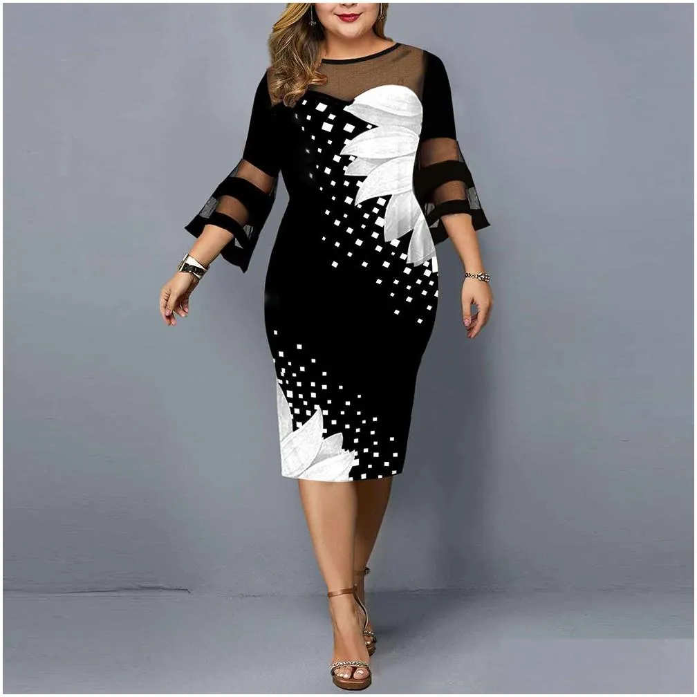 womens plus size dresses casual flower print meshwork midi lace 3/4 sleeve party summer dress for wedding clothing