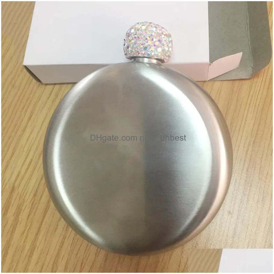 portable 304 stainless steel rhinestone lids round hip flask 5oz round hip flask men pocket portable flagon whisky wine bottles dh1155