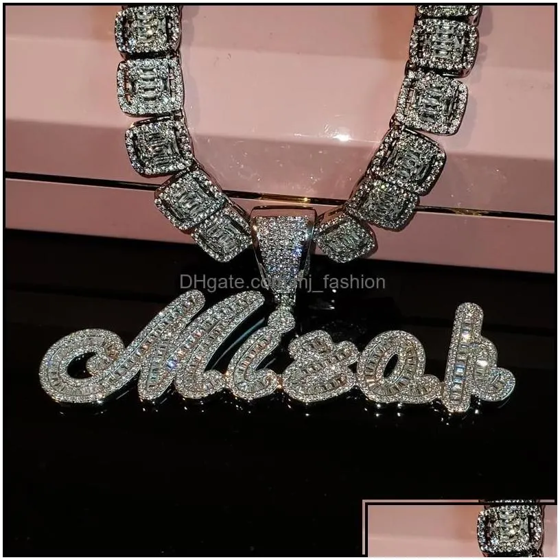 pendant necklaces custom brush cursive iced out letter pendant name necklace baguettes chain micro paved cz personalized hiphop jewel