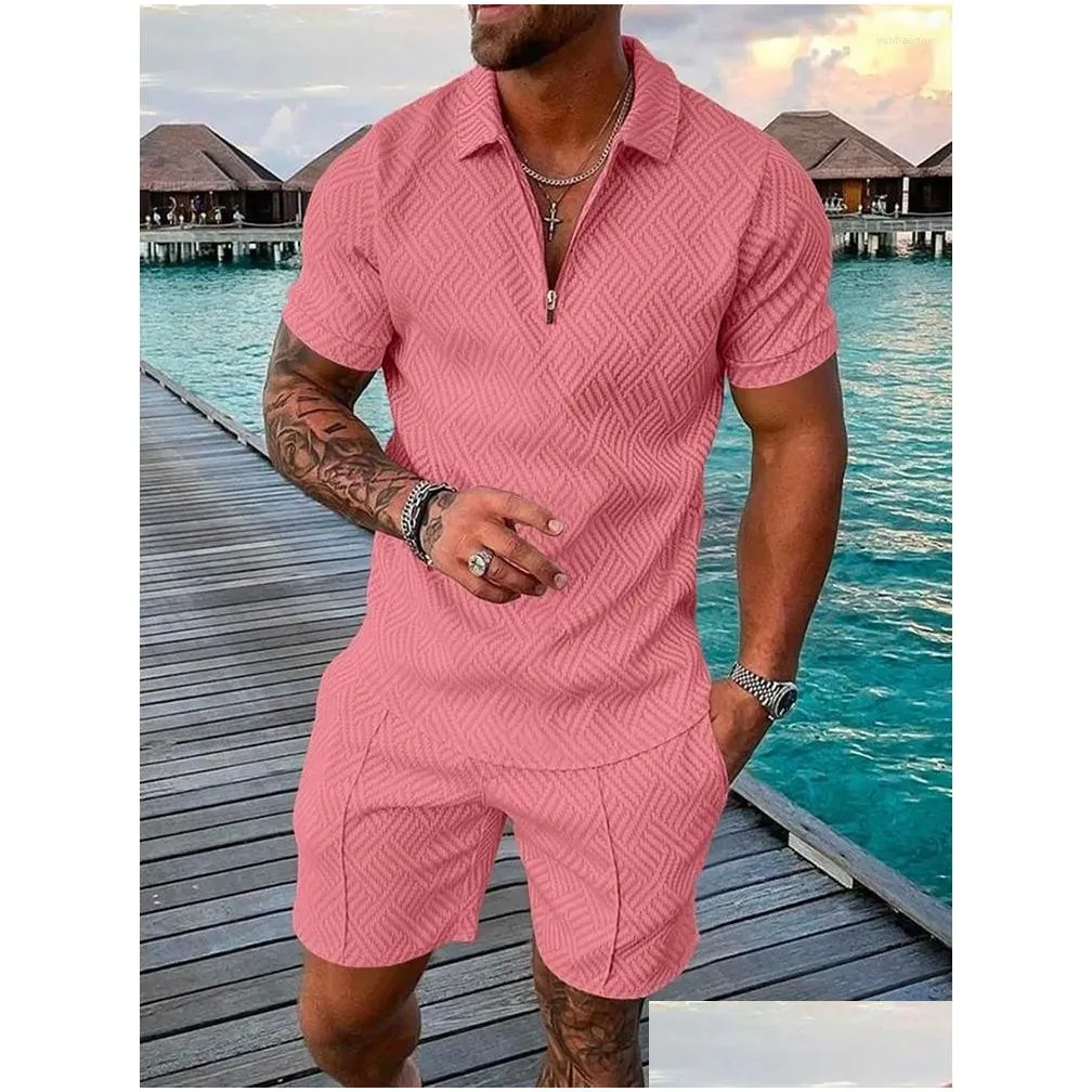 mens tracksuits fashion solid color mens suit men sets mesh printed 2023 streetwear zipper short sleeve shorts two pieces